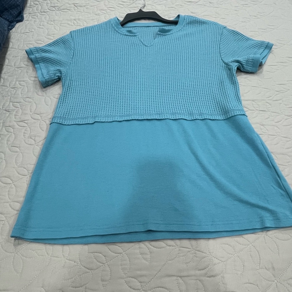 Women's Blue Short Sleeve waffle  Top